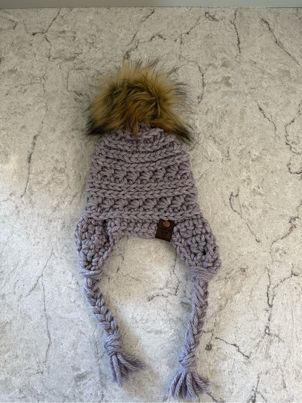 Baby OS Handmade Crochet Earflap Beanie with Removable Faux Fur Pom - Lavender